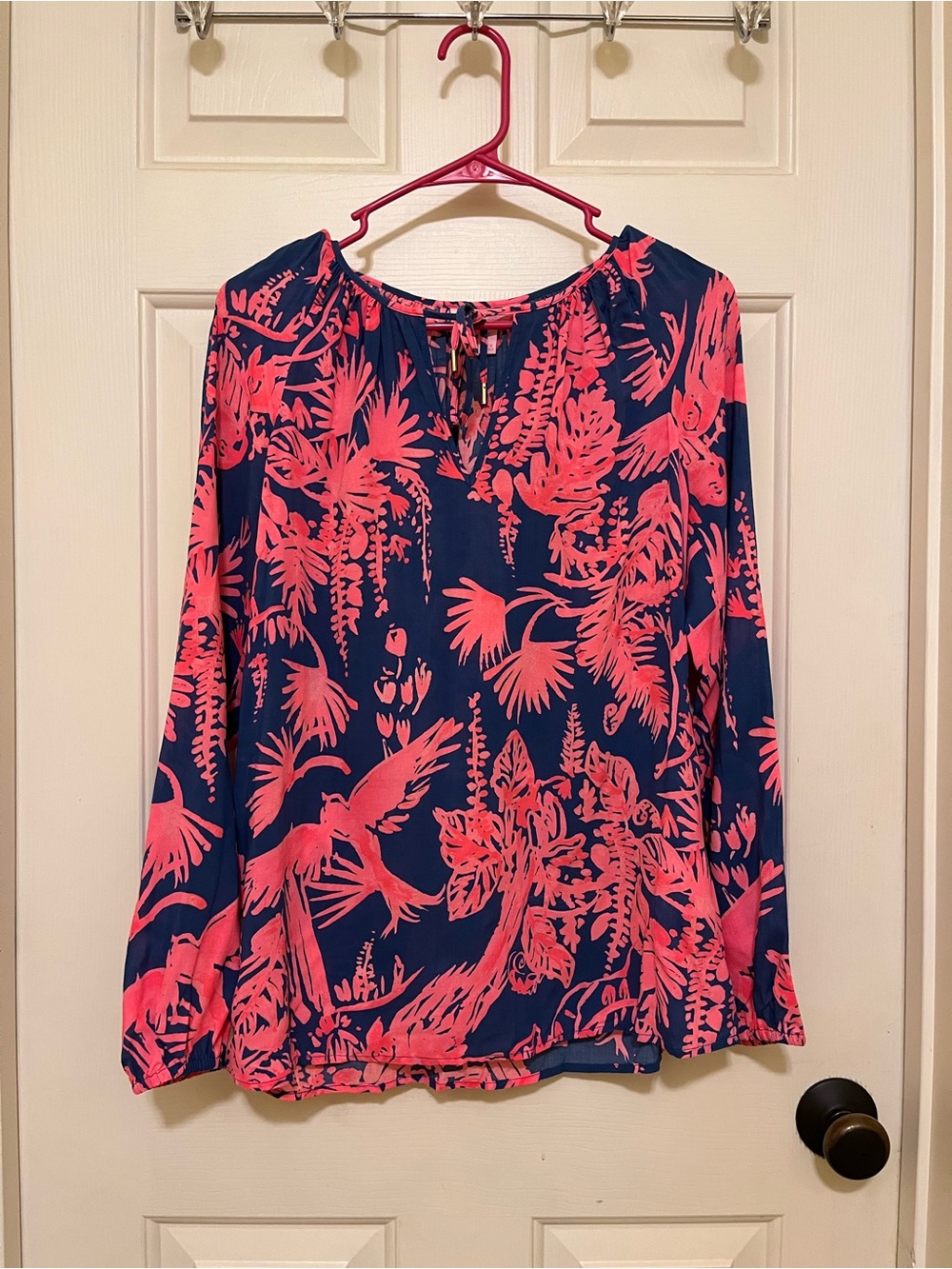 Lilly Pulitzer Navy & Coral Floral Willa Top Blouse (Parrot & Palm Tree Print
